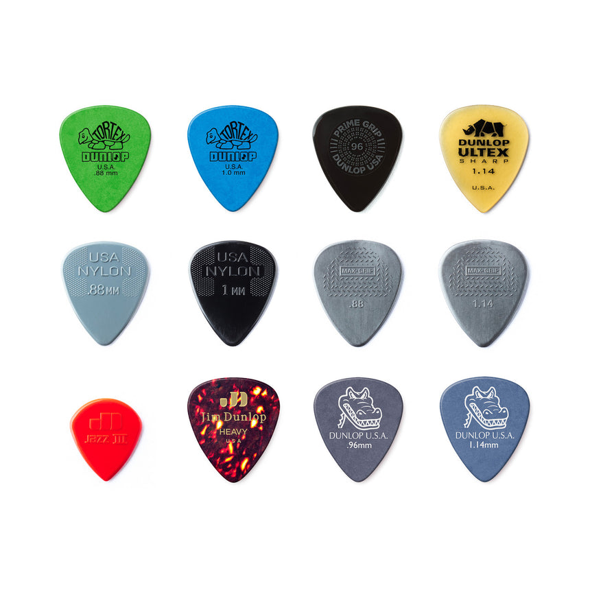 The twelve different picks included in the Dunlop PVP102 variety pack