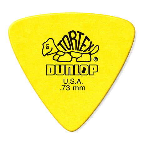 Front of a yellow 0.73 mm Dunlop Tortex Triangle pick from the Player’s Pack