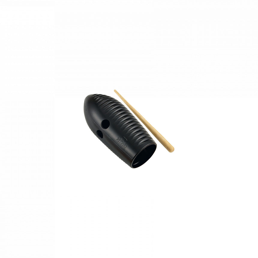NINO Mini Güiro NINO581BK in Schwarz mit Holzschaber – schräge Vorderansicht