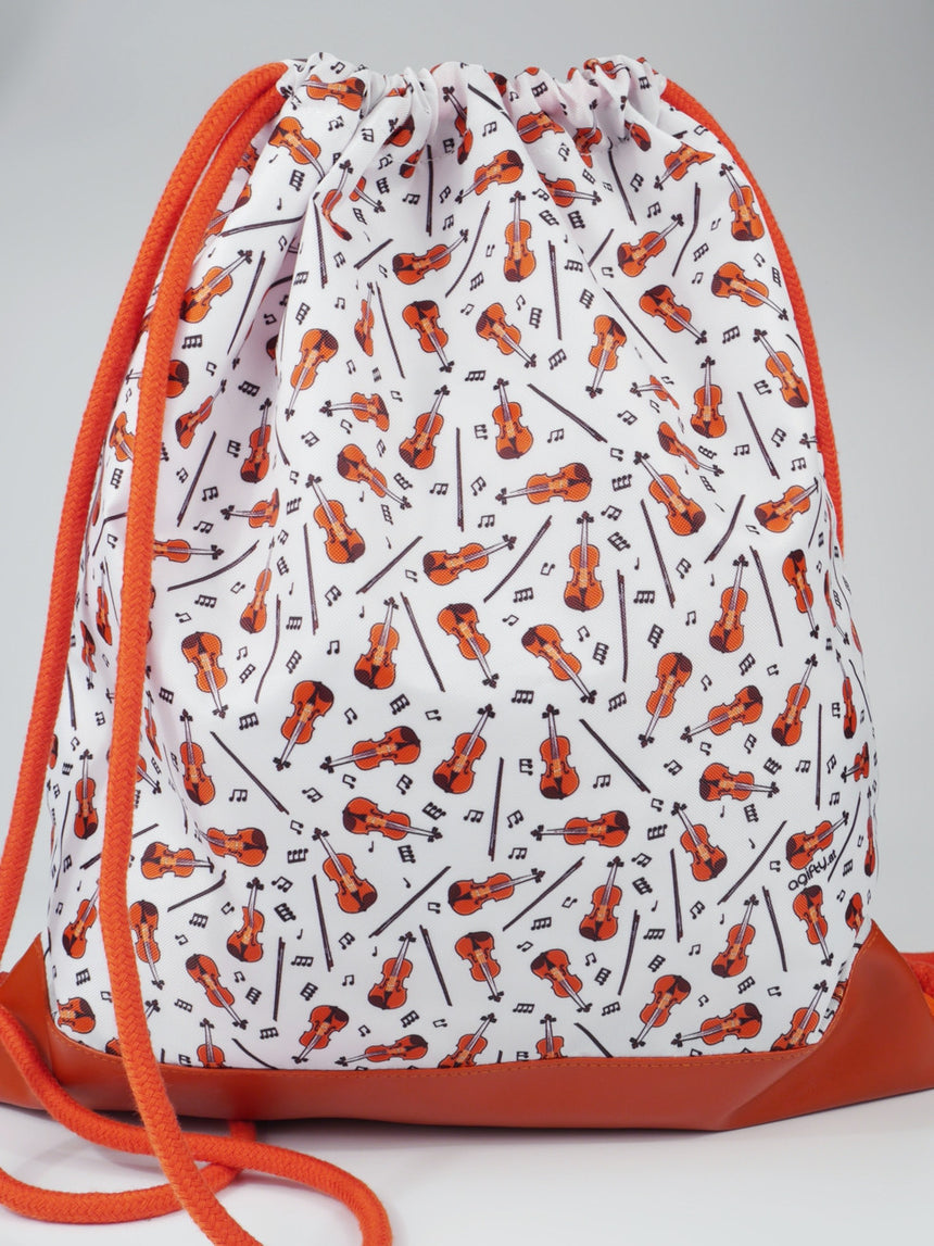 Agifty B3069 violin drawstring bag, gathered detail with violin print and orange drawcord