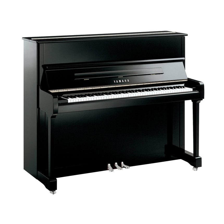 Yamaha P 121 PEC Klavier schwarz poliert mit Chrom-Beschlägen – Frontansicht